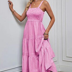 PINK PINSTRIPES TIERED MAXI DRESS